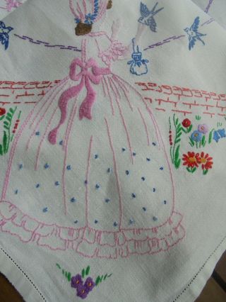 Crinoline ladies,  bluebirds,  English flowers hand embroidered linen tablecloth 5