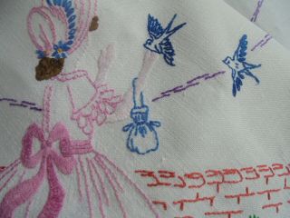 Crinoline ladies,  bluebirds,  English flowers hand embroidered linen tablecloth 6