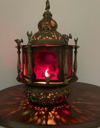 Antique Brass Islamic/ Persian Red Glass Faceted Jewels Birds Lamp/ Lantern