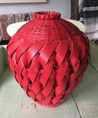 Japanese Red Bamboo Woven Basket Vase