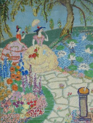 Crinoline Ladies In Park,  Water Lily Pond,  Compact Hand Embroidered Picture