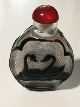 Chinese Peking (cameo) Glass Snuff Bottle,  Black Overlay With Swans