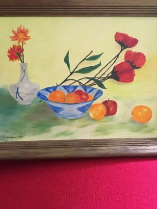 Colorful Mid Century Modern Still Life Painting On Canvas Signed In 1965