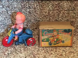 Vintage 1940’s Boy Circus Tricycle Tin /celluloid Windup Box - Mib
