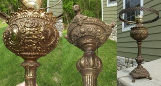 Large Antique Hurricane Lamp Brass Vintage Ornate Tall Fits 14 " Shade Lions Paw
