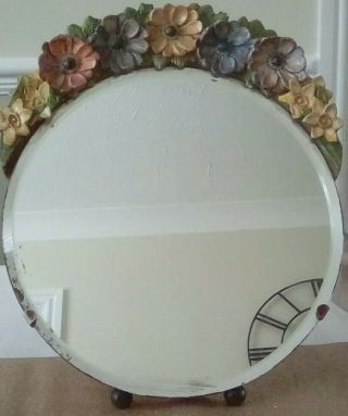Vintage Barbola Mirror Floral Relief Round Bevelled Mirror Easel Stand