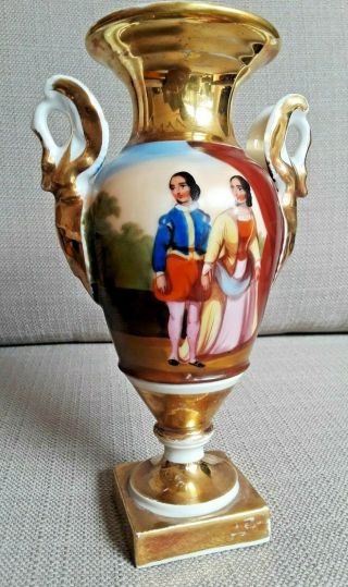 Antique Old Paris Porcelain Hand Painted & Gold Gilt Scenic Urn Vase