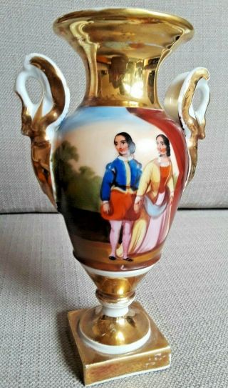 Antique Old Paris Porcelain Hand Painted & Gold Gilt Scenic Urn Vase 2