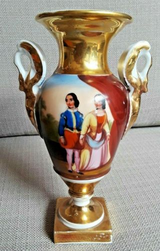 Antique Old Paris Porcelain Hand Painted & Gold Gilt Scenic Urn Vase 3