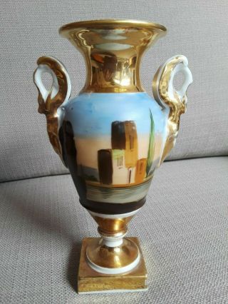 Antique Old Paris Porcelain Hand Painted & Gold Gilt Scenic Urn Vase 6