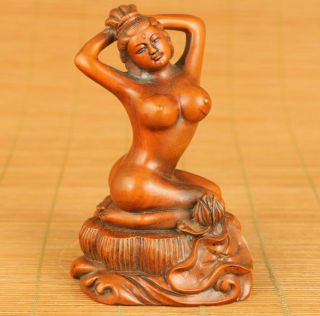 Chinese Old Boxwood Hand Carved Sexy Belle Statue Netsuke Noble Table Ornamen