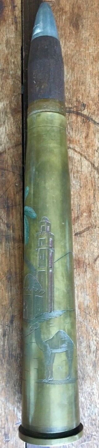 Unique Wwii Trench Art Brass Artillery Shell Colored Engraved North Africa Scene