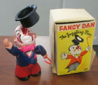 Vintage Modern Toys Fancy Dan The Juggling Man Wind Up Celluloid Clown W/box