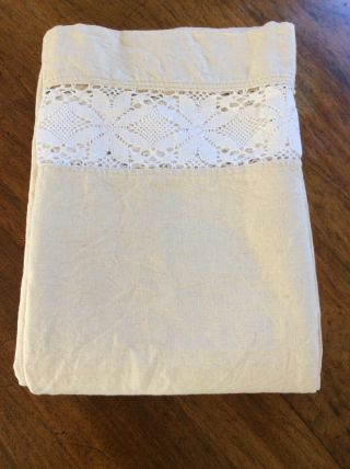 Large (2m X 3m) French Vintage Unbleached Linen Sheet With Inset Band Of Crochet