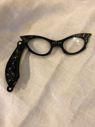 Vtg Retro Cat Rhinestone Folding Opera Glasses Spring Lorgnette