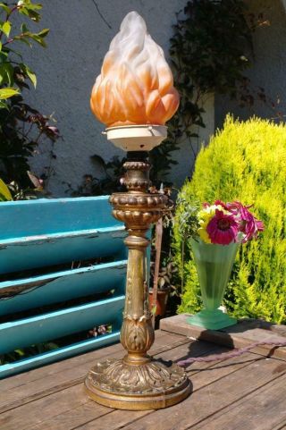 Antique French Art Deco Lamp Gold Acanthus Crointhian & Flame Shade 1920 