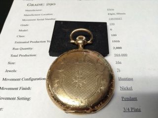 Ex.  1910 Ornate 7j Elgin Pocket Watch 16 Size 20 Year Ygf Case Grade 290
