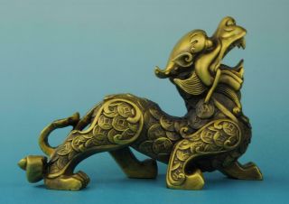 Chinese Old Copper Hand Carved Copper Coin Wealth Unicorn Pi Xiu Statue E01