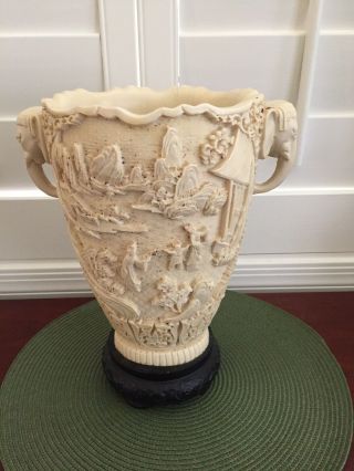 Signed Vintage Large Elephant Oriental Hand - Carved Resin Handled Vase