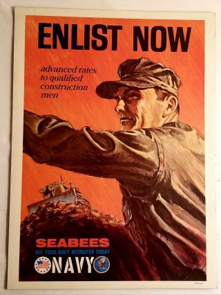Vintage 1966 Us Navy Seabees Recruiting Poster " Enlist Now " Vietnam