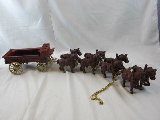 Vintage Cast Iron Clydesdale Horse Team Of 8 With Hitch And Wagon