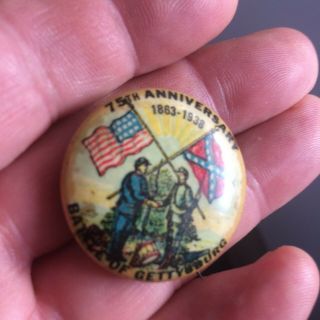 Battle Of Gettysburg 75th Anniversary Pin Button.  1863 - 1938 Rare Pinback
