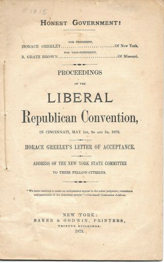 Civil War Era Liberal Republican Party Convention Program 1872 Horace Greeley