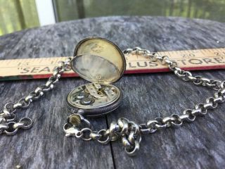 Sterling Silver Antique Swiss Pocket Watch W/ 925 Silver Chain