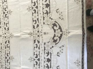 Exquisite Vintage ecru cotton embroidered cut work Linen tablecloth &12 napkins 5