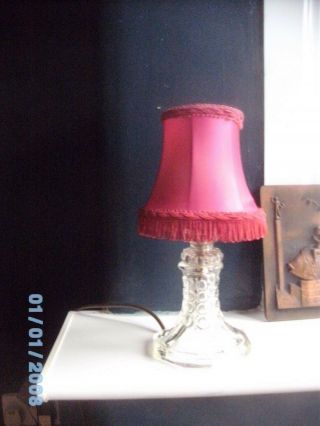 Small Vintage French Glass Lamp With Sateen Raspberry Lamp Shade