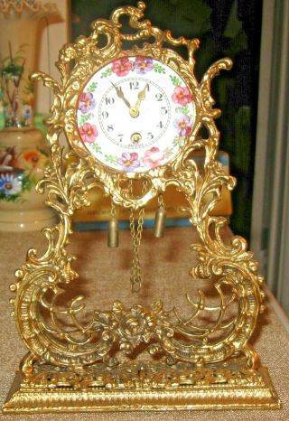 Vintage Globe Brand German Shelf Clock Ornate Baroque Brass Case Key Wind