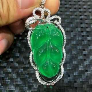 Chinese Handwork S925 Silver & Green Jadeite Jade Rare Collectible Leaf Pendant