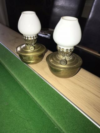 2 Small Vintage Brass English Made Nursery Oil Lamp Milk Glass Shades