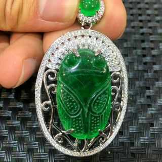 Rare Handwork S925 Silver & Green Jadeite Jade Chinese Hollow Out Cicada Pendant
