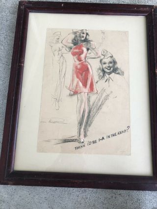 Pencil Drawing By Earl Macpherson Pin - Up Girl Signed Ww2 Framed 1940s