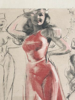 Pencil Drawing By Earl MacPherson Pin - Up Girl Signed WW2 Framed 1940s 3