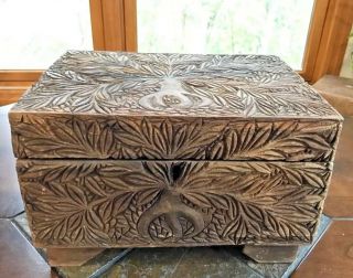 Vintage Hand Carved Wood Chest Jewelry Trinket Storage Gift Box Tramp Hobo Art