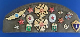 Ussr Russian Military Pilotka Hat/cap With Pins,  Badges,  Patches