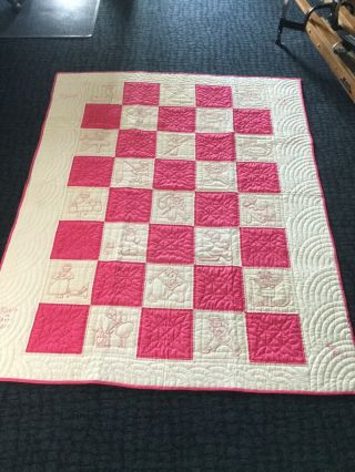 Antique Quilt: Hand Made,  Hand Quilted,  Embroidered Children Playing Scenes