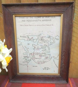 Antique Oak Mission Framed Folk Art Map Sampler Island Of Portsea Portsmouth