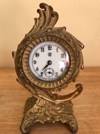 Antique Waterbury Ornate Victorian Brass Desk Mantle Clock Porcelain Face 1891