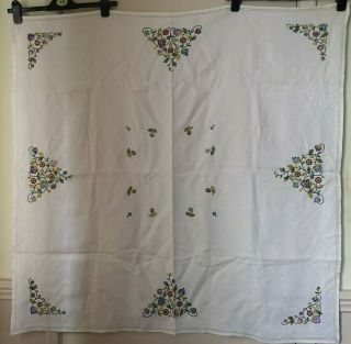 Vintage Hand Embroidered Jacobean Linen Tablecloth Floral 43 " X 42 "