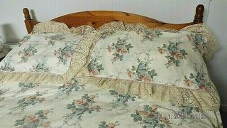 Vintage Bed Linen Duvet Cover Set,  Roses And Deep Heirloom Lace 3 Piece