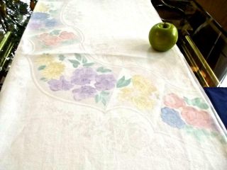Vintage Old Bleach Irish Damask Linen Tablecloth Painted Pastel Flowers 70x88
