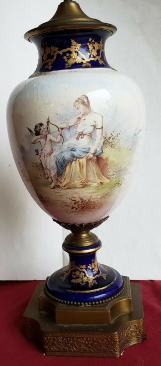 Antique,  Hand Painted Sevres Style Lamp Cupid And Aphrodite