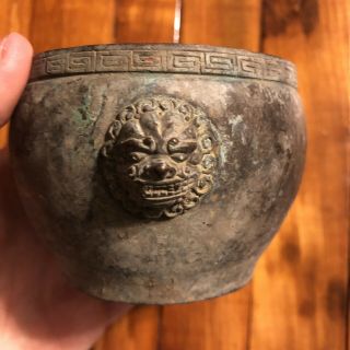 Old Antique Style Chinese Brass Bowl Dual Lion Heads Bronze Asian Dynasty 6
