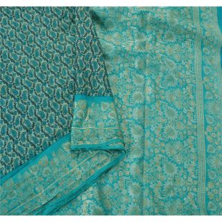 Sanskriti Vintage Green Saree Pure Silk Woven & Printed Craft 5 Yd Fabric Sari