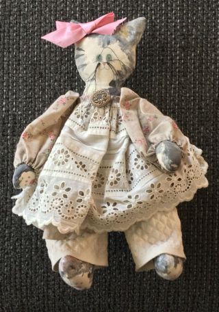 Handmade Primitive Cat Doll With Bloomers And Dress