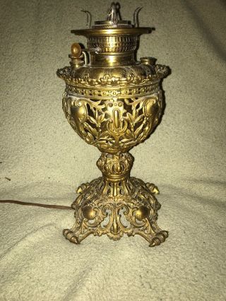 Vintage Miller Meteor Embossed Brass Oil Lamp Vintage Antique Converted Electric