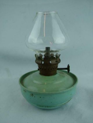 Vintage Sage Green Enamel Hand Held Kelly / Pixie Oil Lamp Clear Glass Shade